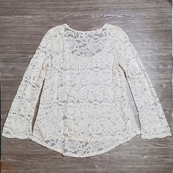 Express Sheer Lace Long Sleeve Top Cream Medium - Picture 6 of 11